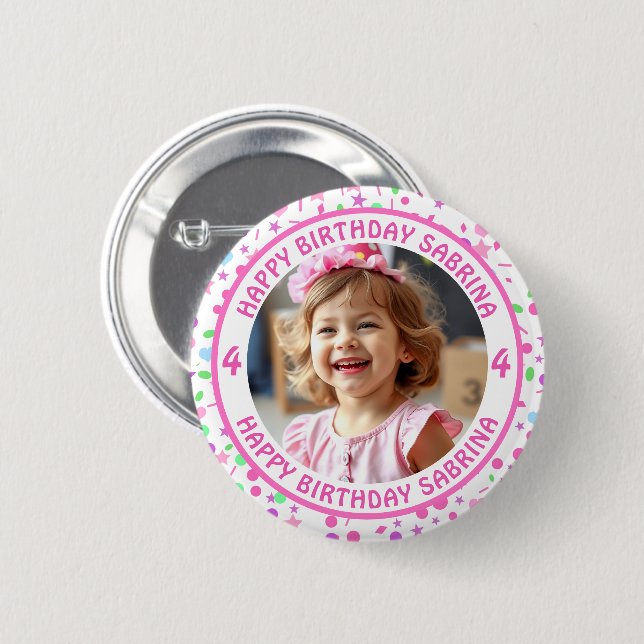 Personalized Confetti Photo, Name and Age Birthday Button (Front & Back)
