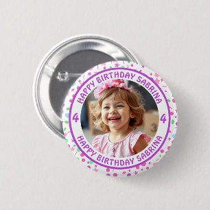 Personalized Confetti Photo, Name and Age Birthday Button
