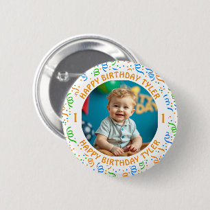 Personalized Confetti Photo, Name and Age Birthday Button