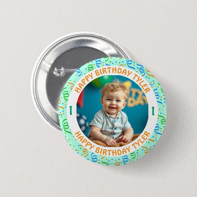 Personalized Confetti Photo, Name and Age Birthday Button (Front & Back)
