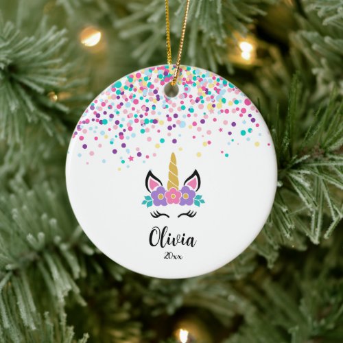 Personalized Confetti Unicorn - Custom Christmas  Ceramic Ornament