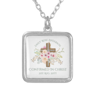 Personalized CONFIRMATION Gift Girl - Floral Cross Silver Plated Necklace