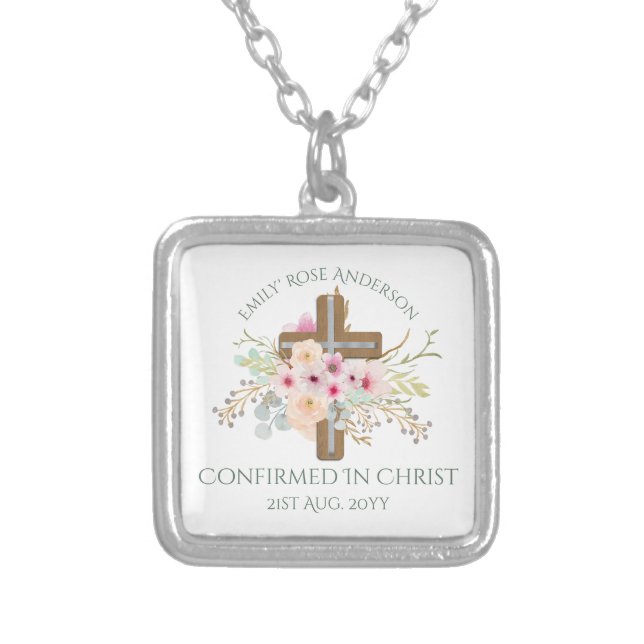 Personalized CONFIRMATION Gift Girl - Floral Cross Silver Plated Necklace (Front)