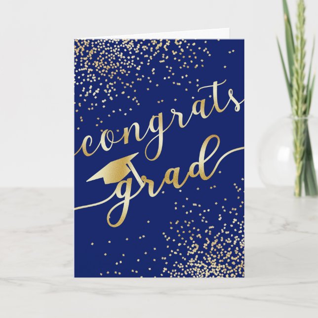 Personalized Congrats Grad Blue Gold Glitter Card (Front)