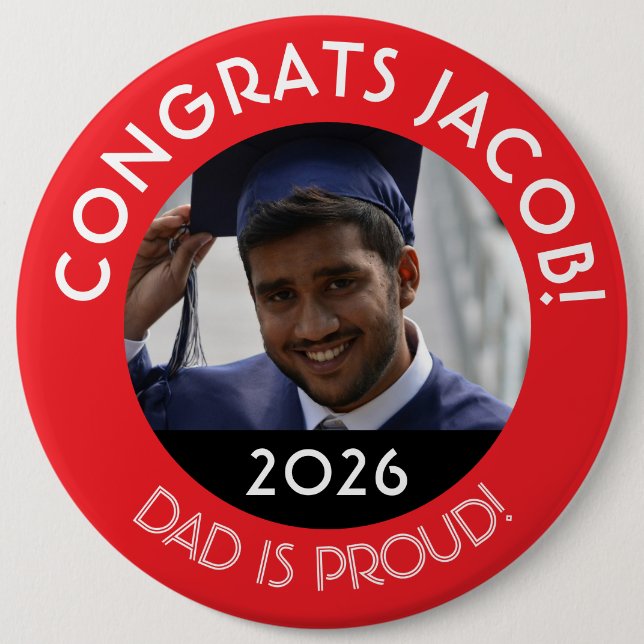 Personalized Congrats Grad Photo Dad Proud Red Button (Front)