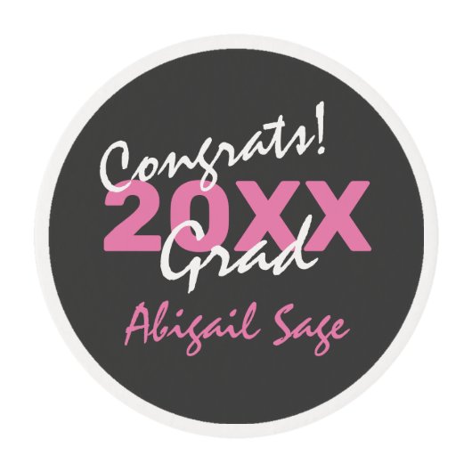 Personalized Congrats! Grad Pink White Graduation Edible Frosting Rounds (Front)
