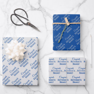 Personalized Congrats Retiree! Blue on Silver Wrapping Paper Sheets