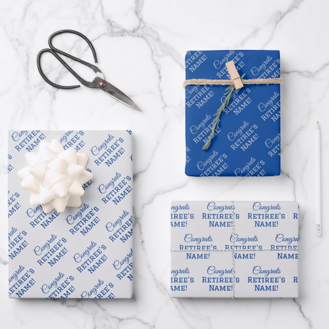 Personalized Congrats Retiree! Blue on Silver Wrapping Paper Sheets (Front)