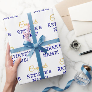 Personalized Congrats Retiree! Gold, Blue & White Wrapping Paper
