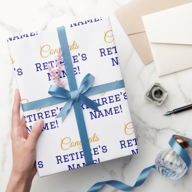 Personalized Congrats Retiree! Gold, Blue & White Wrapping Paper (Gifting)