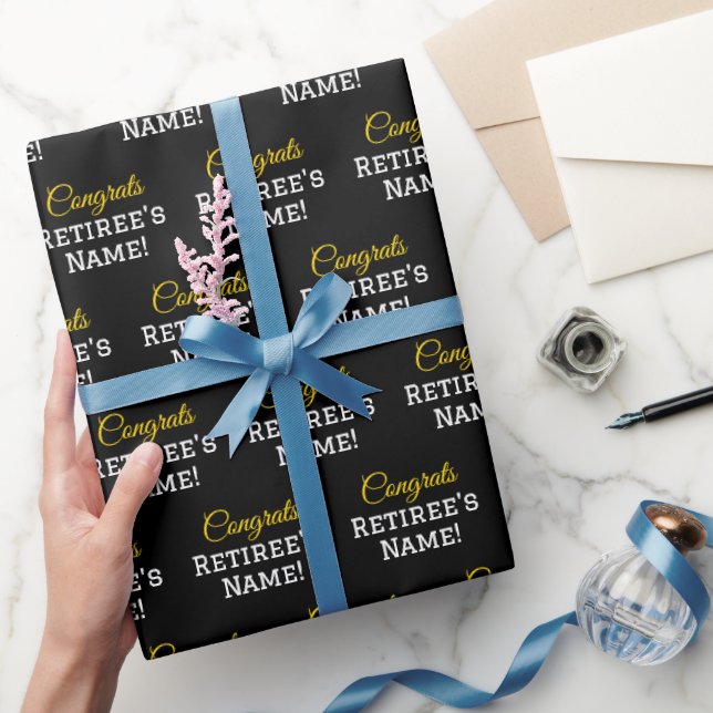 Personalized Congrats Retiree! Gold, White, Black Wrapping Paper (Gifting)
