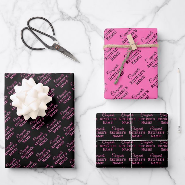Personalized Congrats Retiree! Hot Pink on Black Wrapping Paper Sheets (Front)