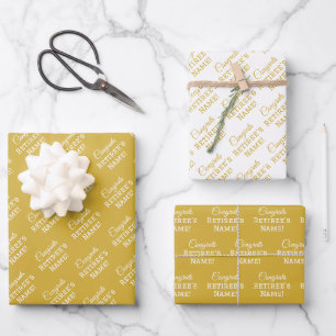Personalized Congrats Retiree! Metal Gold & White Wrapping Paper Sheets
