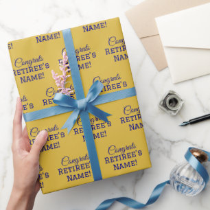 Personalized Congrats Retiree! Navy Blue on Gold Wrapping Paper