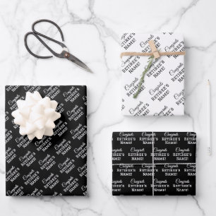 Personalized Congrats Retiree! White on Black Wrapping Paper Sheets