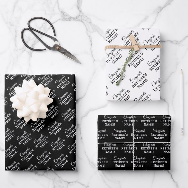 Personalized Congrats Retiree! White on Black Wrapping Paper Sheets (Front)
