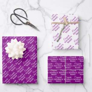 Personalized Congrats Retiree! White on Purple Wrapping Paper Sheets