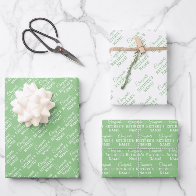 Personalized Congrats Retiree! White on Sage Green Wrapping Paper Sheets (Front)