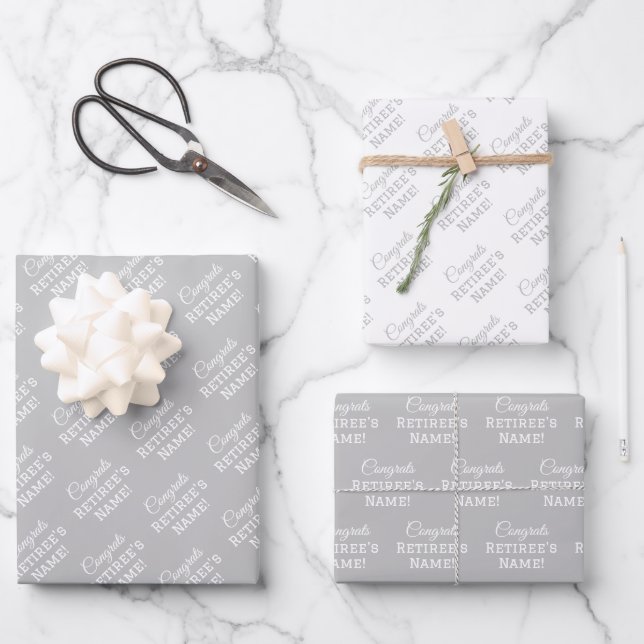 Personalized Congratulations Name, White on Silver Wrapping Paper Sheets (Front)