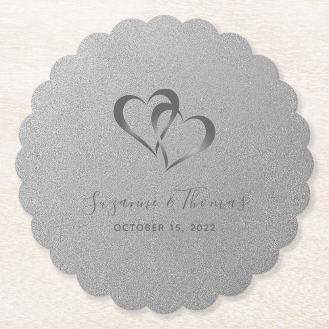 Personalized Connected Hearts Silver Grey Paper Coaster (Front)