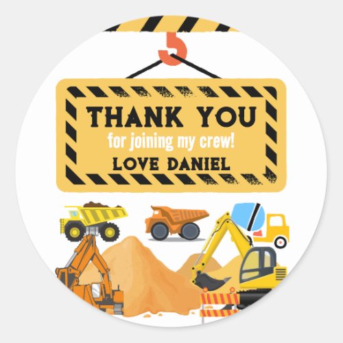 Personalized Construction Birthday Theme Thank You Classic Round Sticker