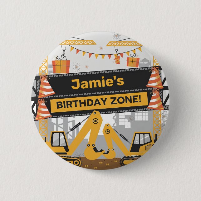 Personalized Construction Birthday Zone Design Button (Front)