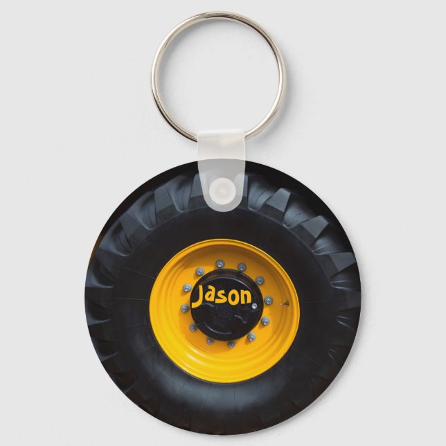Personalized Construction Tractor Wheel Keychain (Front)