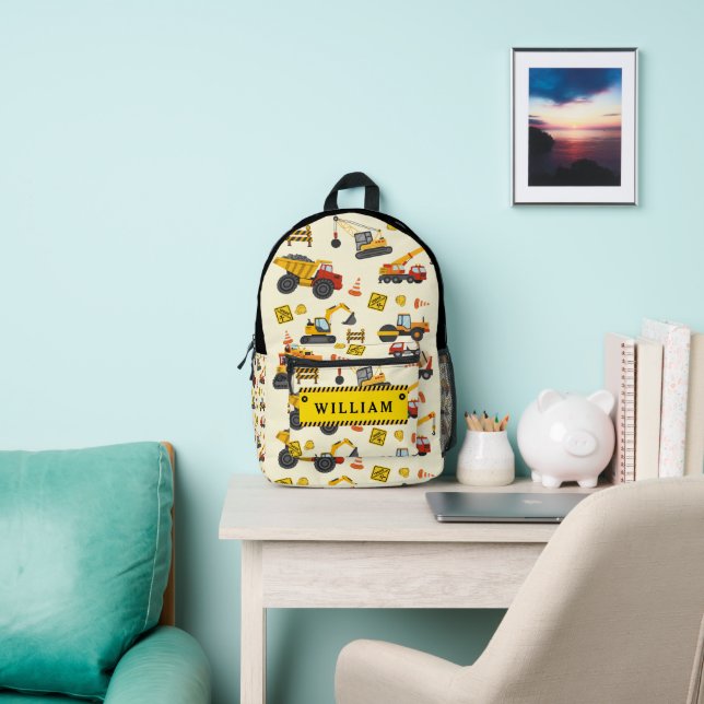 Personalized Construction Truck Machines Theme Printed Backpack (Insitu)