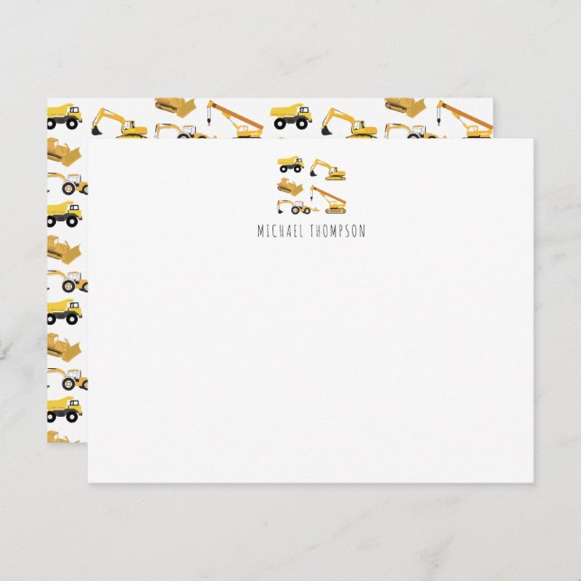 Personalized Construction Trucks Children's Note Card (Front/Back)