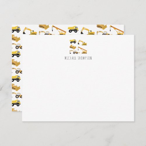 Personalized Construction Trucks Childrens Note Card