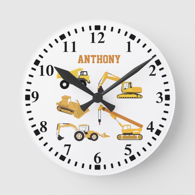 Personalized Construction Trucks Kids Round Clock (Front)