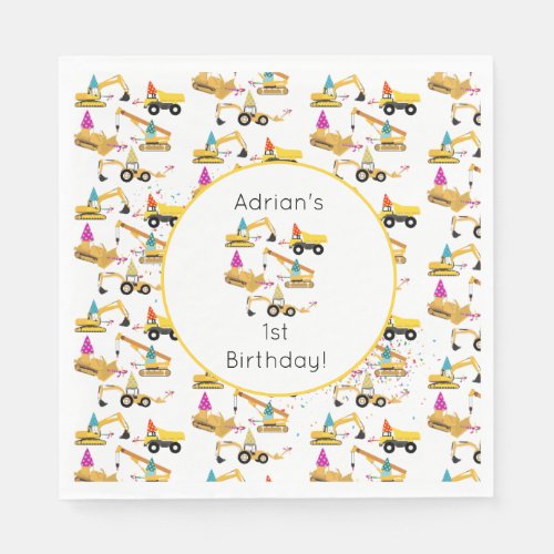 Personalized Construction Trucks Party Birthday  Napkins