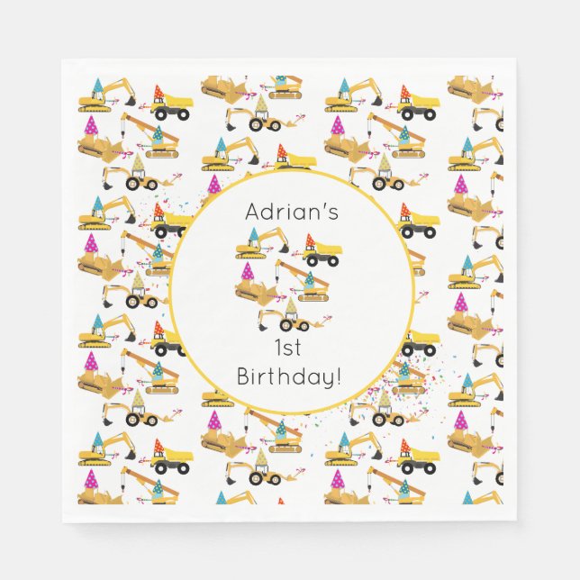 Personalized Construction Trucks Party Birthday  Napkins (Front)