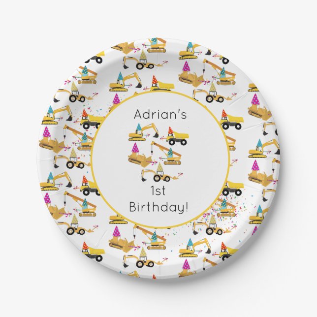 Personalized Construction Trucks Party Birthday Paper Plates (Front)