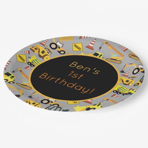 Personalized Construction Trucks Pattern Paper Plates