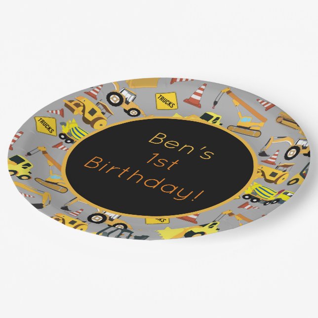 Personalized Construction Trucks Pattern Paper Plates (Angled)