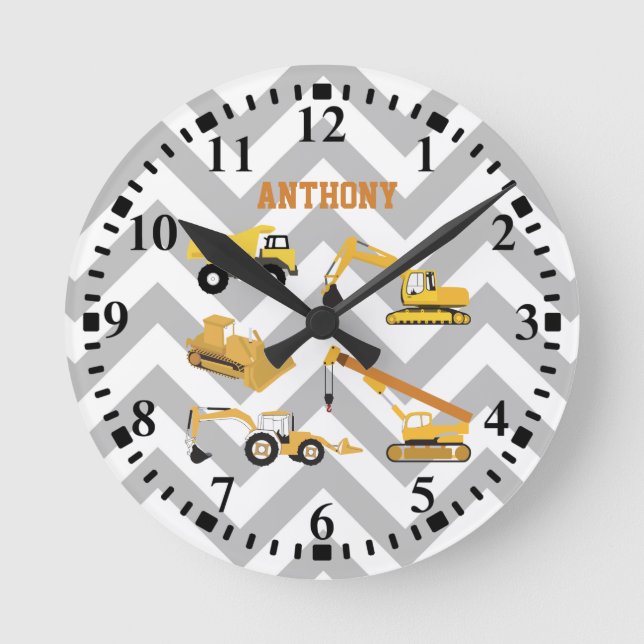 Personalized Construction Trucks Pattern Round Clock (Front)