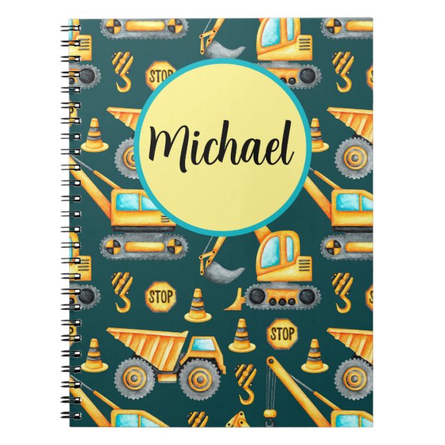 Personalized Construction Trucks Spiral Notebook (Front)