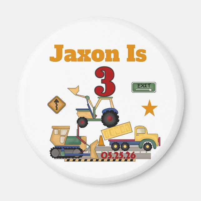 Personalized Construction Vehicles 3rd Birthday Magnet (Front)
