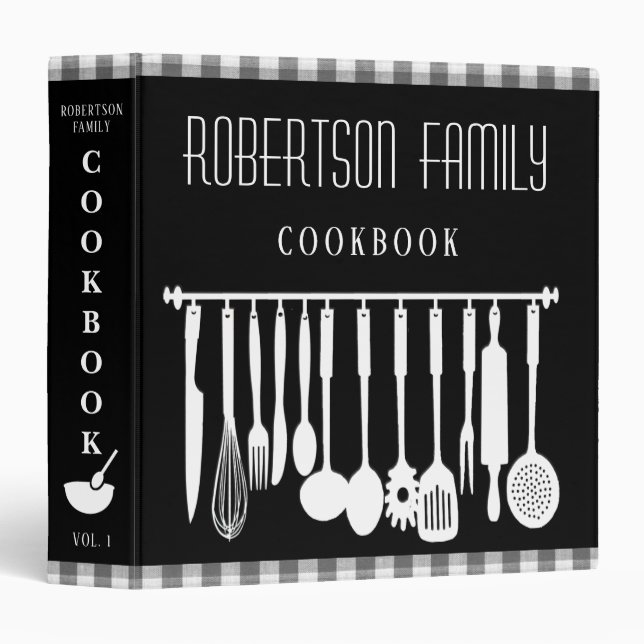 Personalized Cookbook for Recipes Black and White 3 Ring Binder (Front/Spine)