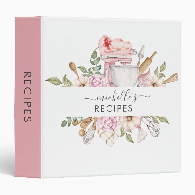 Personalized Cooking Baking Pink Floral 3 Ring Bin 3 Ring Binder (Front/Spine)
