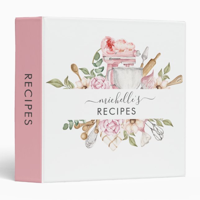 Personalized Cooking Baking Pink Floral 3 Ring Bin Binder (Front/Spine)