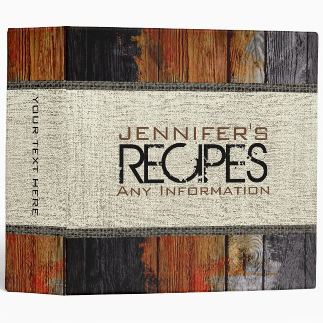 Personalized Cooking Burlap Wood Look 3 Ring Binder (Front/Spine)