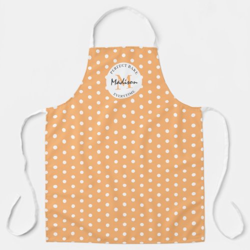 Personalized Cooking Vintage Peach Apron - Custom cooking apron featuring a stylish peach background that can be changed to any color, a vintage polka dot pattern, your initial, name, and a sweet baking quote.