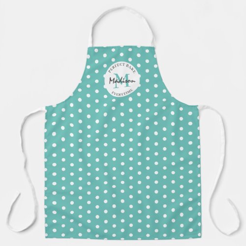 Personalized Cooking Vintage Teal Apron - Custom cooking apron featuring a fresh teal background that can be changed to any color, a vintage polka dot pattern, your initial, name, and a sweet baking quote.