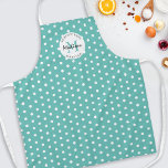 Personalized Cooking Vintage Teal Apron<br><div class="desc">Custom cooking apron featuring a fresh teal background that can be changed to any color,  a vintage polka dot pattern,  your initial,  name,  and a sweet baking quote.</div>