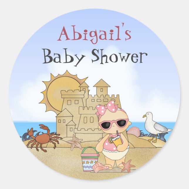 Personalized Cool Beach Baby Girl Baby Shower Classic Round Sticker (Front)