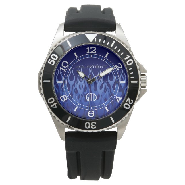 Personalized Cool Blue on Blue Racing Flames Dial Watch (Front)