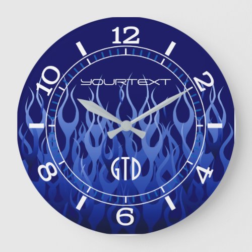Personalized Cool Blue on Blue Racing Flames on a Large Clock