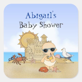 Personalized Cool Boy Beach Baby ~ Baby Shower Square Sticker by TheBeachBum at Zazzle